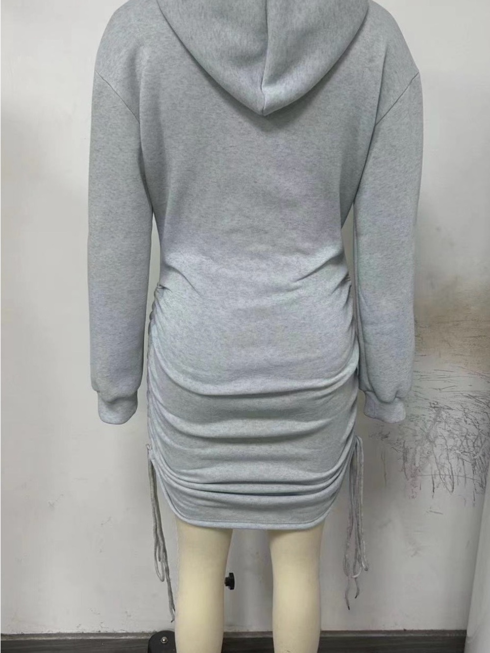 2396 -Casual Drawstring Ruched Hooded Bodycon Mini Sweatshirt Dress - Picture 7 of 16